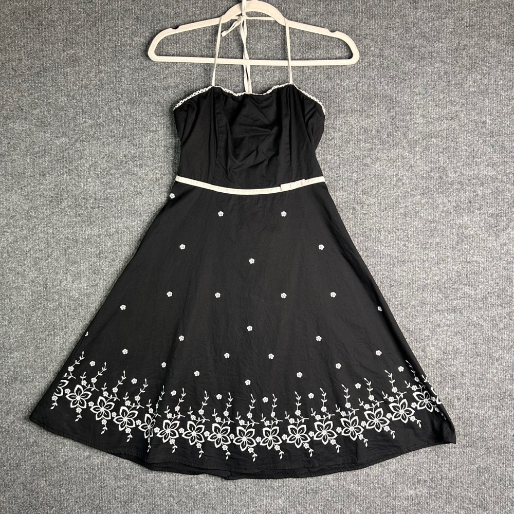 Vtg City Triangles Black Halter Dress White Floral Embroidery Fit Flare Size 5/6